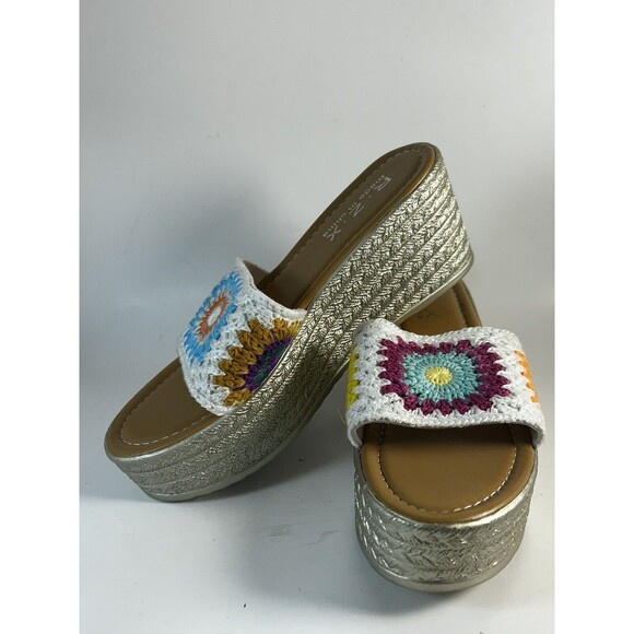 RZX Womens 3” Wedge Slides Knit Patchwork Granny Square Print Womens 7.5 New - Picture 1 of 7